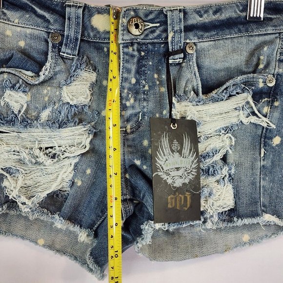 Spj Jean Shorts Womens Large Blue Denim Ripped Painted Rock Biker Cutoffs - Picture 5 of 6